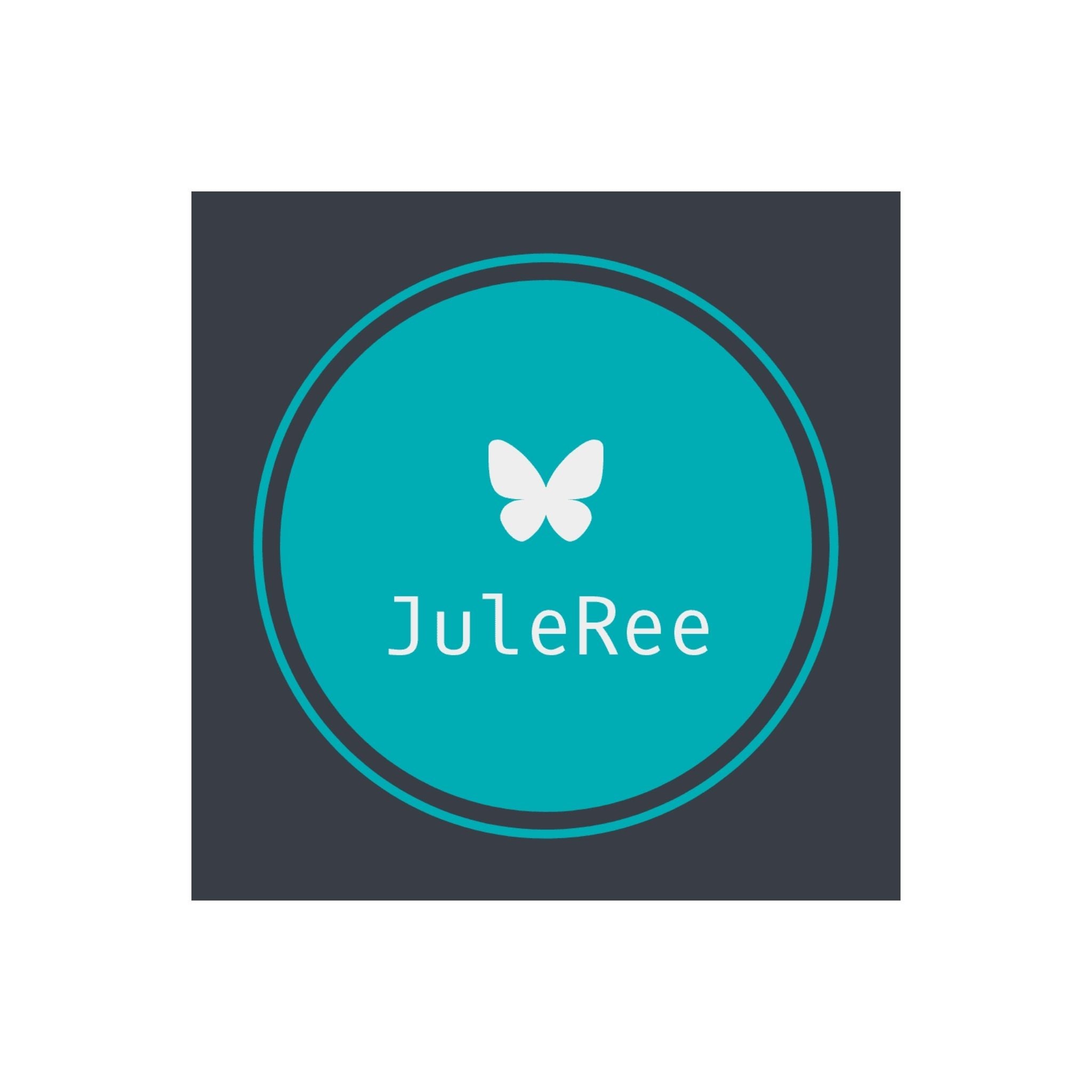 JuleRee logo with a butterfly icon on a teal circle against a dark background