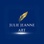 Logo for Julie Jeanne Art with a gold feather on a blue background