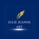 Logo for Julie Jeanne Art with a gold feather on a blue background