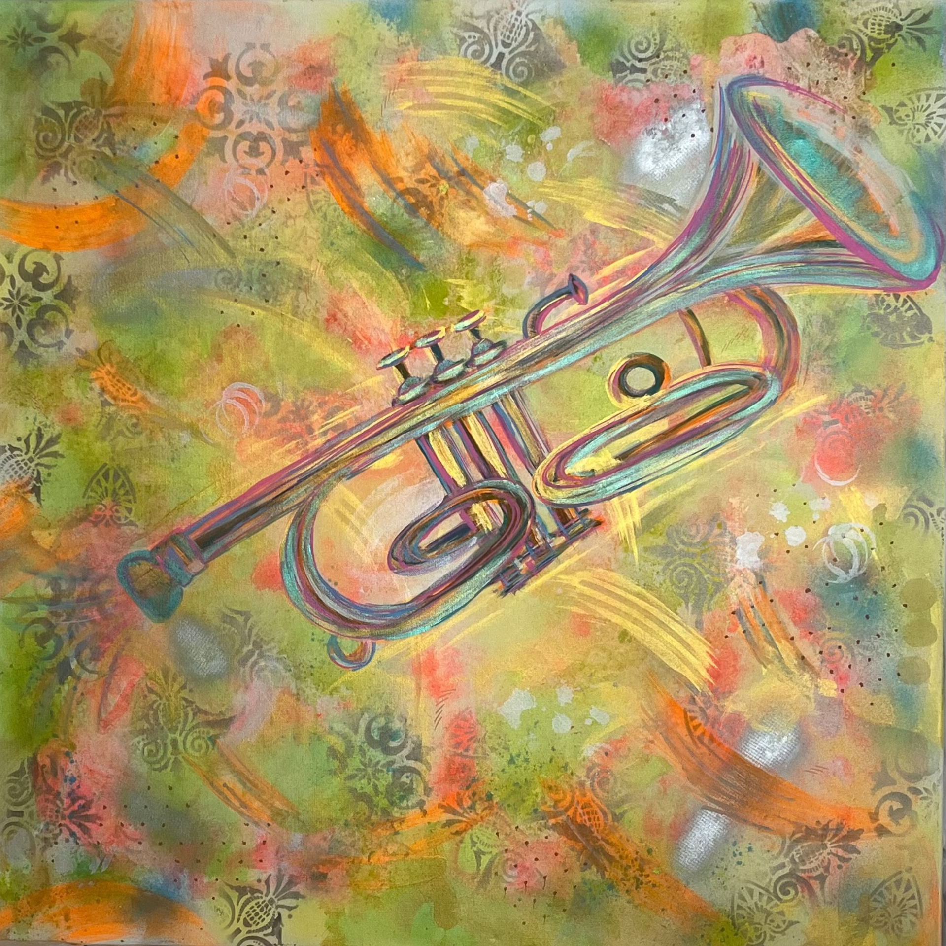 Colorful abstract painting of a trumpet on a textured white background