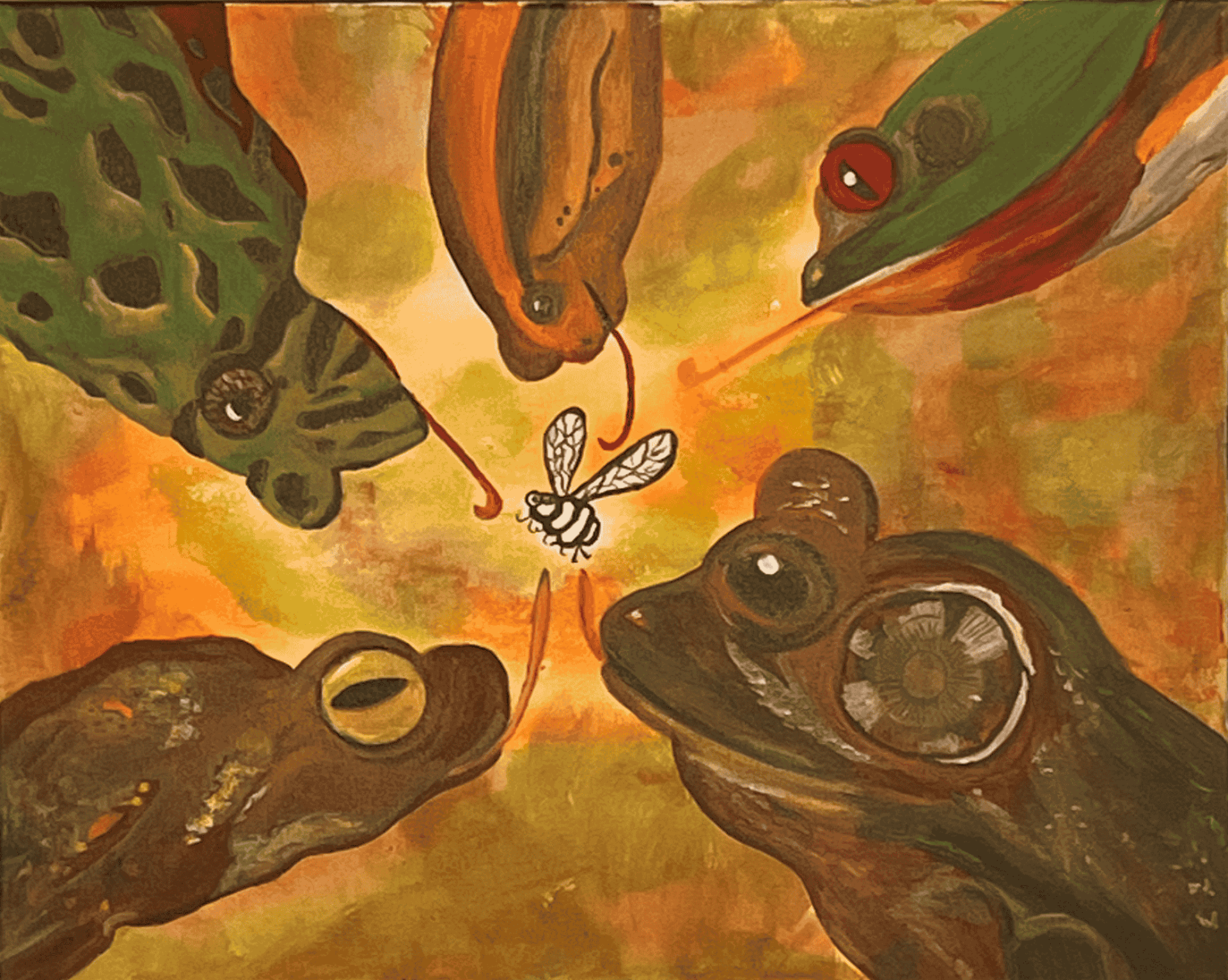 Five Frogs, One fly - Julie Jeanne Art